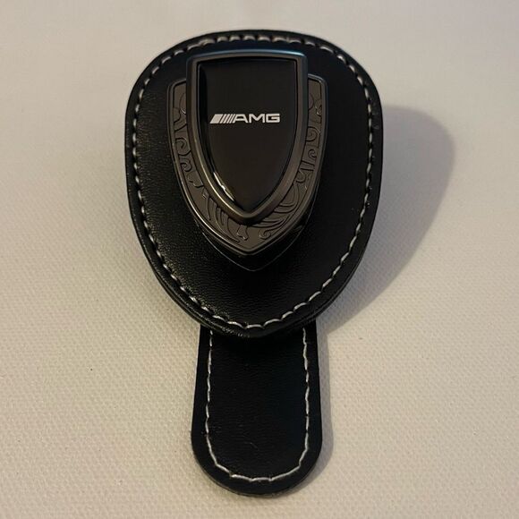 AMG Mercedes Sunglass Holder for Car with Logo Black PU Leather NWT - Picture 2 of 12